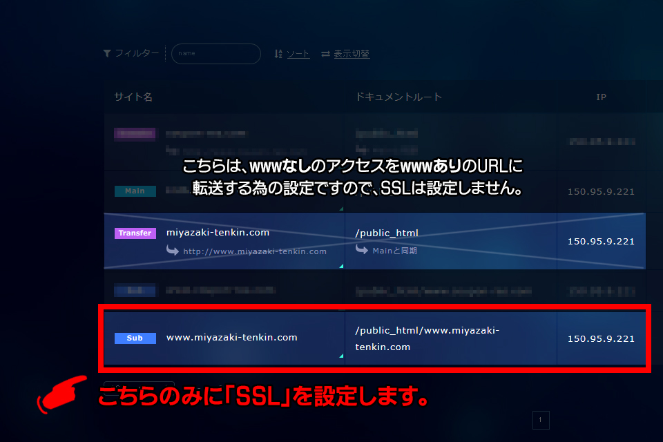 SSL設定を行うURLを選択