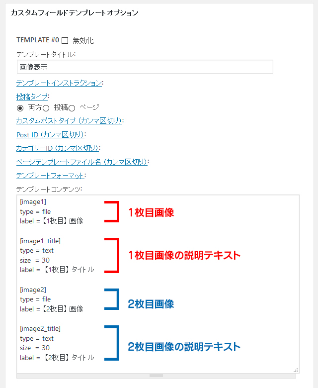 「テンプレートコンテンツ」に入力するコード